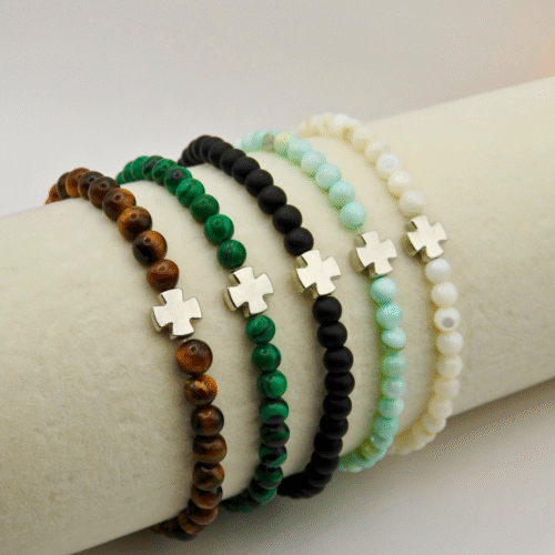 Natural Stone Bracelets with Silver Cross