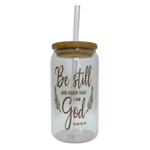 Alternative view of Glass cup with straw – Psalm 46:10