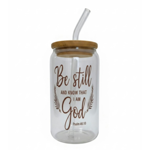 Psalm 46:10 glass cup with bamboo lid and glass straw featuring a Christian design