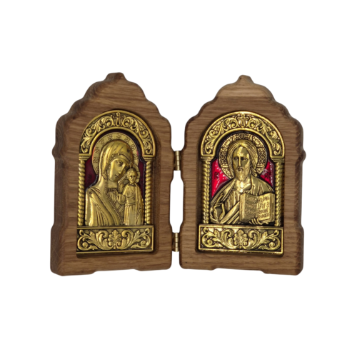 Wooden diptych icon with raised relief of Jesus Christ and the Mother of God with Christ Child