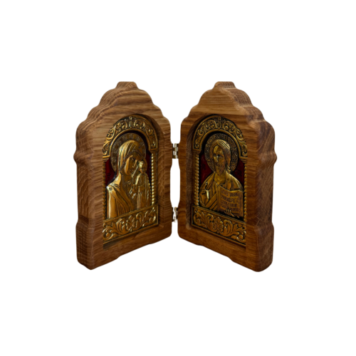 Wooden diptych with gold-tone metal icons – Jesus Christ & Mother of God - Image 3