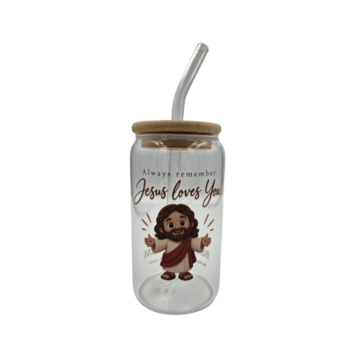 Jesus Loves You glass cup with bamboo lid and glass straw featuring a Christian design