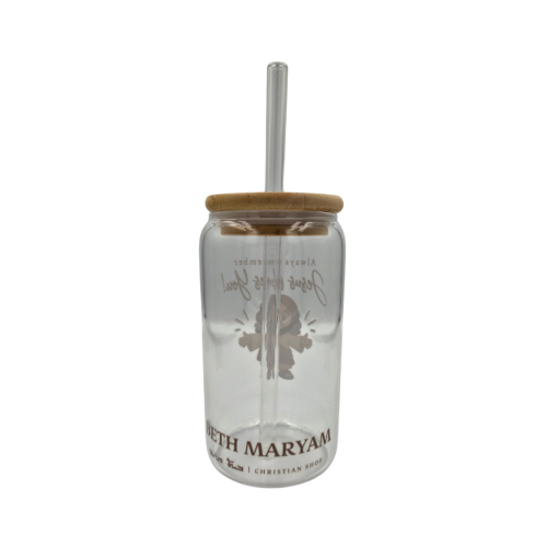 Alternative view of Glass cup with straw – Jesus loves you