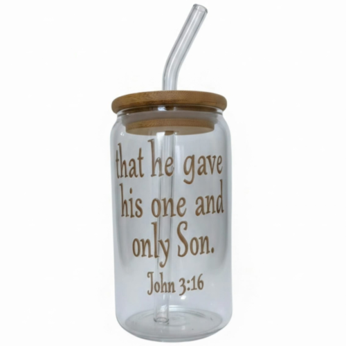John 3:16 glass cup with bamboo lid and glass straw featuring a Christian design