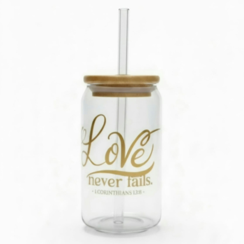 Alternative view of Glass cup with straw – 1 Corinthians 13:8