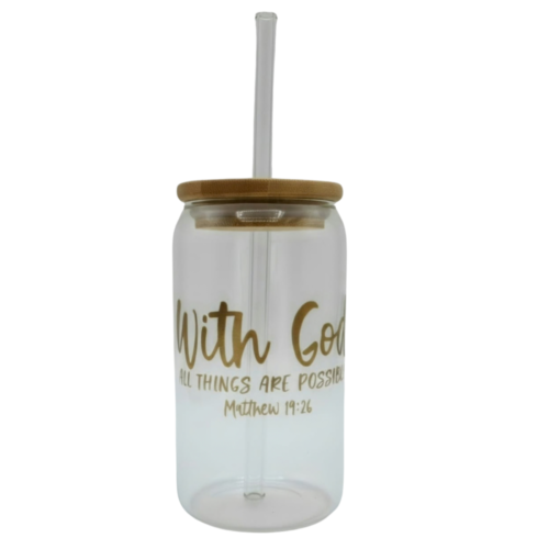 Alternative view of Glass cup with straw – Matthew 19:26