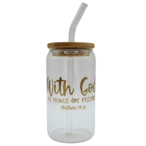 Matthew 19 glass cup with bamboo lid and glass straw featuring a Christian design