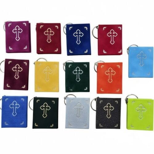 Mini prayer notebook keychain with a cross on the cover and blank white pages, available in 14 designs and various colours and finishes