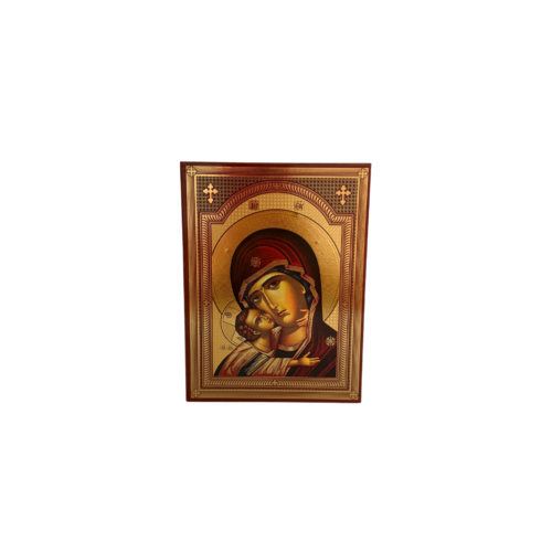 Mother of God and Christ Child Tenderness icon with warm gold background and deep red tones