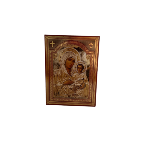 Mother of God Holding Christ Child icon with gold tones and ornate traditional design