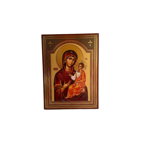 Traditional Mother of God holding Christ Child icon with rich red and gold tones