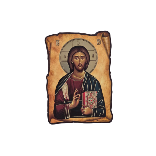 Vintage-style Orthodox icon of Jesus Christ holding the Holy Gospel and raising His hand in blessing, with warm golden tones and antique parchment-style edges