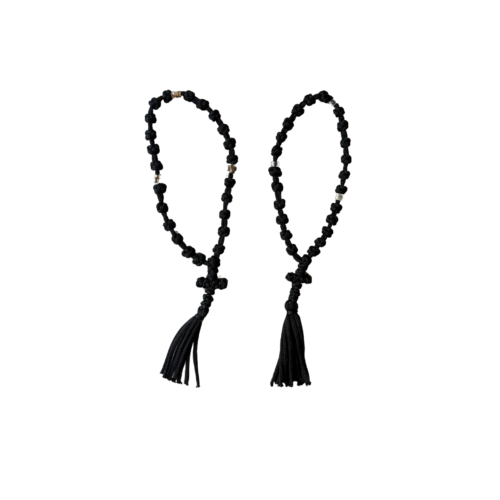 Black Orthodox knotted prayer rope with a cross, tassel and choice of silver or transparent beads