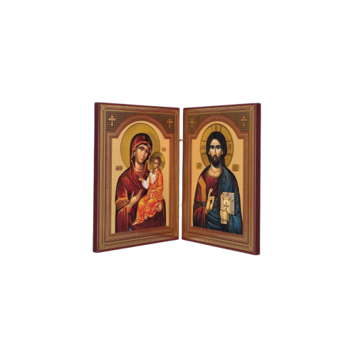 Orthodox wooden diptych icon featuring gold-toned images of Jesus Christ and the Mother of God with Christ Child, with a decorative cross on the outside