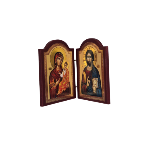 Orthodox wooden diptych icon featuring gold-toned images of Jesus Christ and the Mother of God with Christ Child, with a decorative cross on the outside