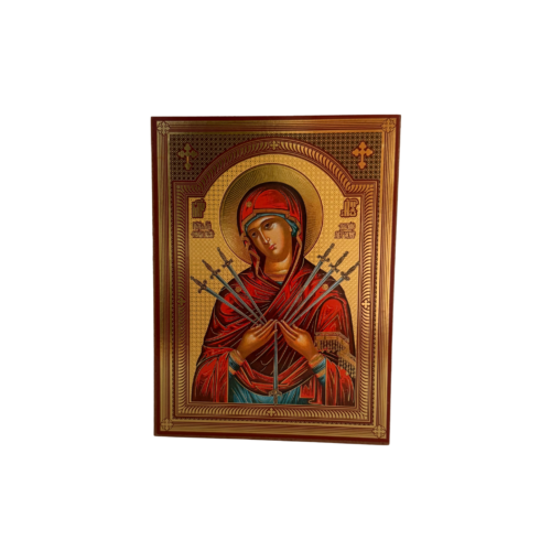 Our Lady of Seven Sorrows icon with seven swords, red and gold colours and traditional border