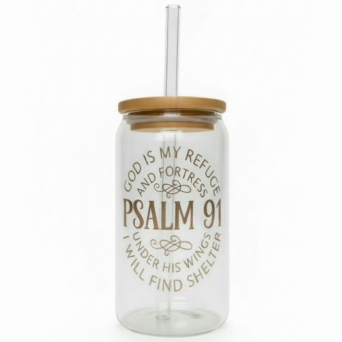 Alternative view of Glass cup with straw – Psalm 91