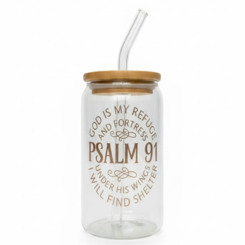 Psalm 91 glass cup with bamboo lid and glass straw featuring a Christian design