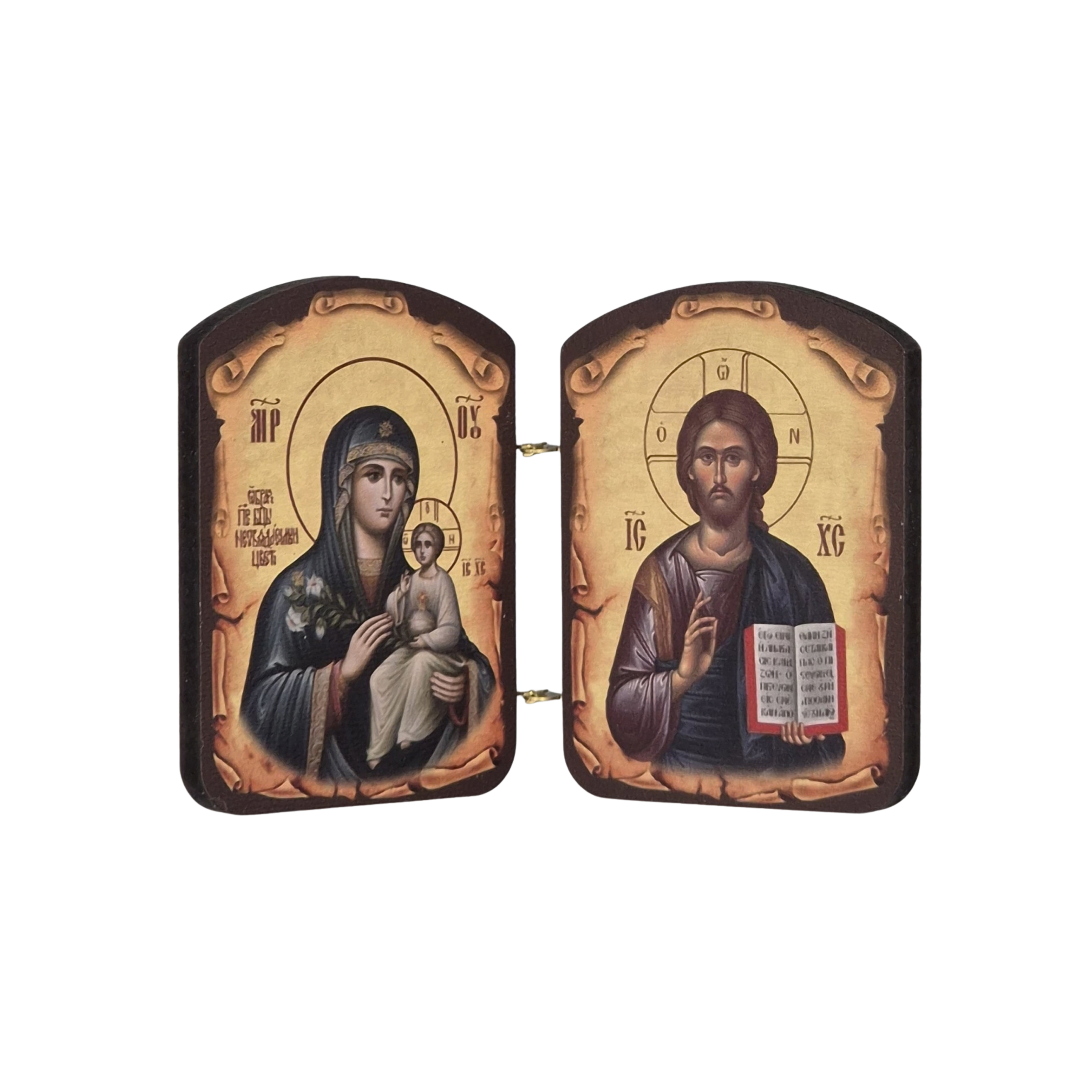 Vintage wooden diptych icon featuring Jesus Christ and the Mother of God with Christ Child