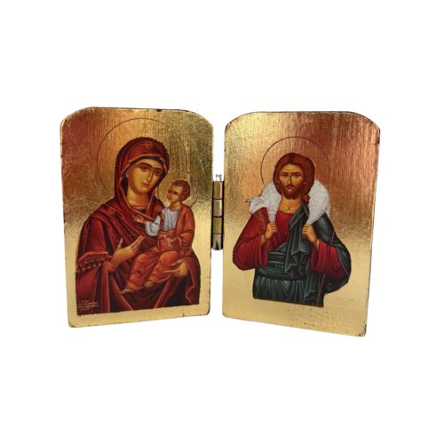 Wooden Byzantine diptych icon with Virgin Mary and Christ the Good Shepherd