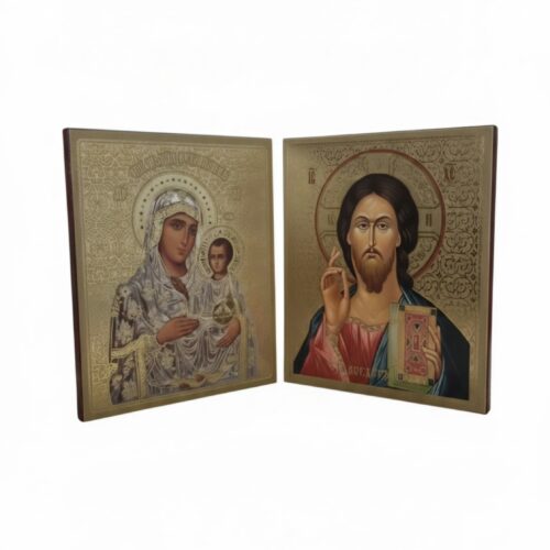 Wooden Orthodox diptych icon with gold detailing, featuring Jesus Christ on the right and the Virgin Mary holding Baby Jesus on the left, with a burgundy-red cover and golden Orthodox cross