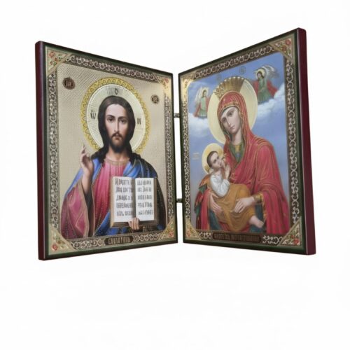 Traditional Orthodox wooden diptych icon featuring Jesus Christ and the Virgin Mary holding Baby Jesus, with colourful images, golden decorative borders and a burgundy-red cover with a golden cross