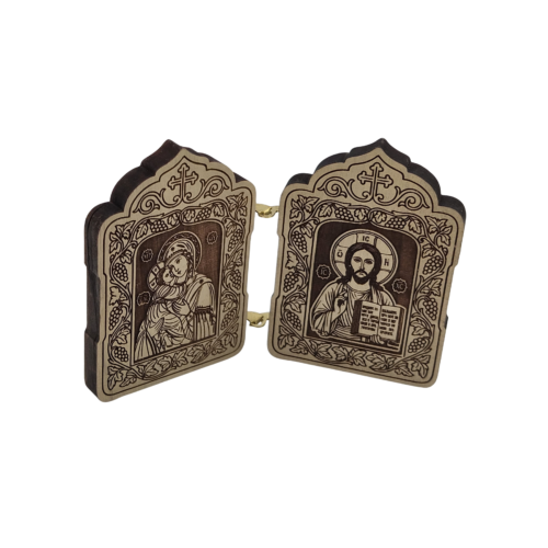 Wooden diptych icon with raised relief of Jesus Christ and the Mother of God with Christ Child
