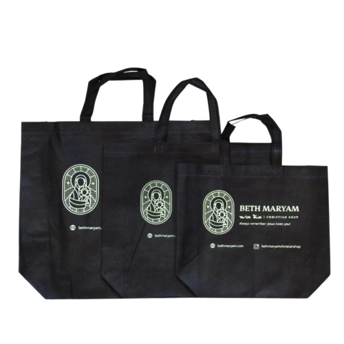 Black reusable Beth Maryam shopper with Mother Mary icon