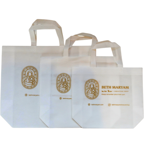 White reusable Beth Maryam shopper with Mother Mary icon