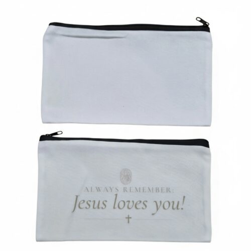 Fabric zipper pouch featuring the message “Always Remember: Jesus Loves You!”, perfect for storing makeup, stationery and everyday essentials