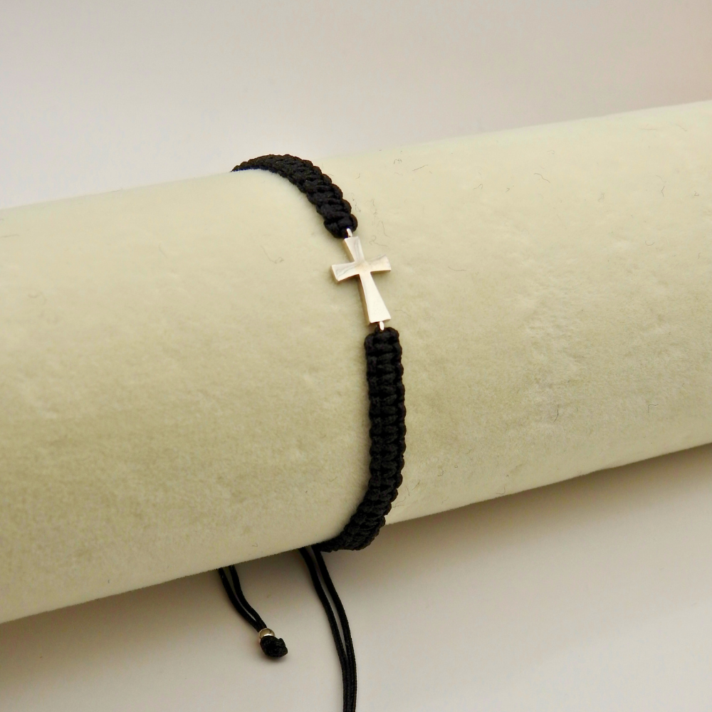 Hand-braided patchwork bracelet with sterling silver 925 cross