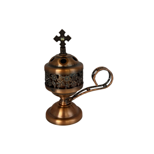 Antique copper incense burner with floral engravings and cross - Beth Maryam