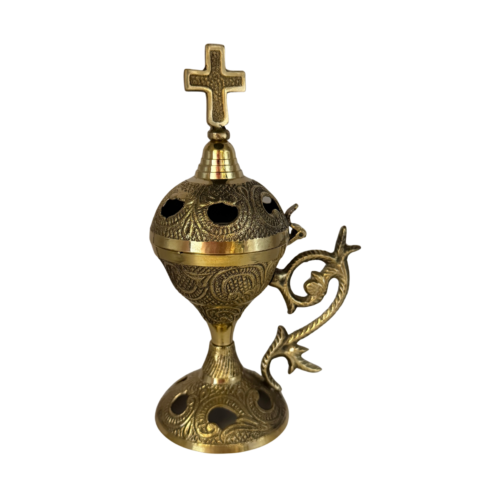 Antique gold incense burner with cross and vine‑shaped handle