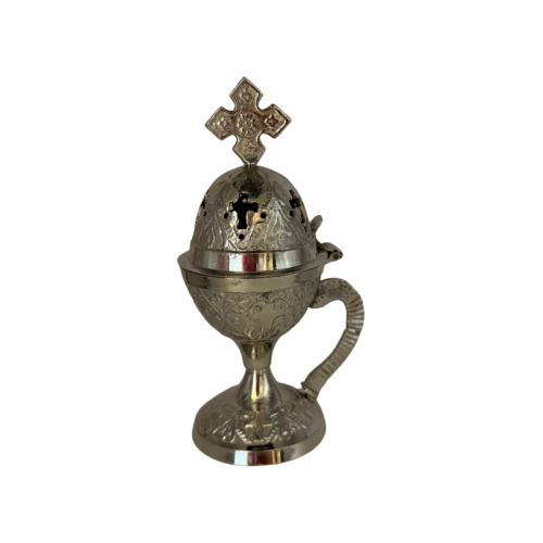 Silver Christian incense burner with cross and decorative lid
