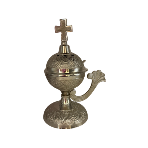 Silver incense burner 17 cm with cross and hinged lid