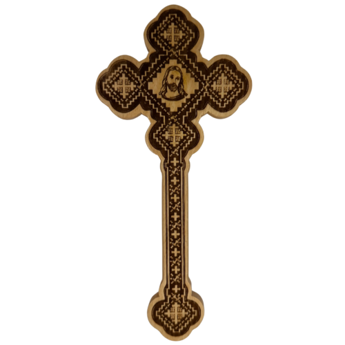 Double-sided wooden hand cross with Jesus and Mother of God